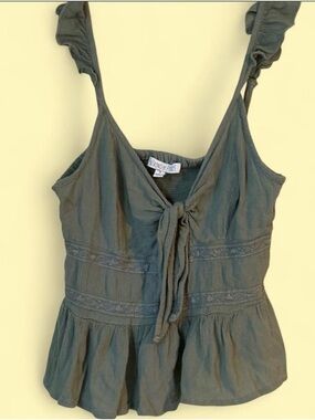 Patrons of Peace Olive Tie-Front Ruffle Strap Tank